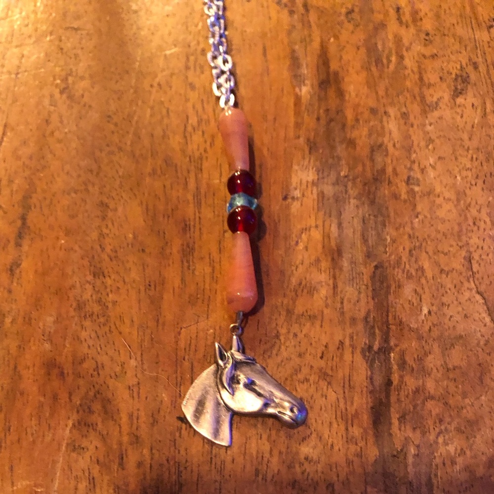 Horse Pendant Earrings with Carnelian, Glass & Acrylic Beaded Necklace